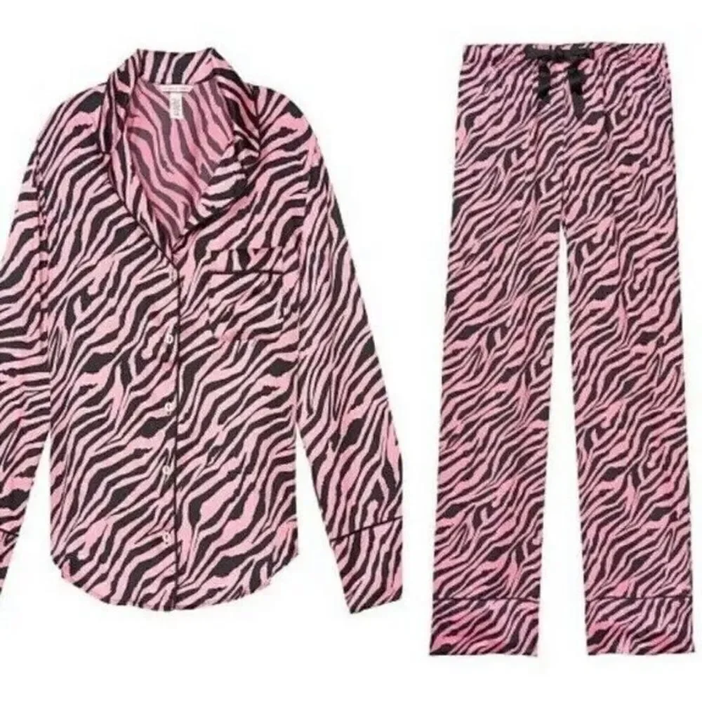 Victorias Secret Animal print SATIN button down top & bottoms pant pajama set XL